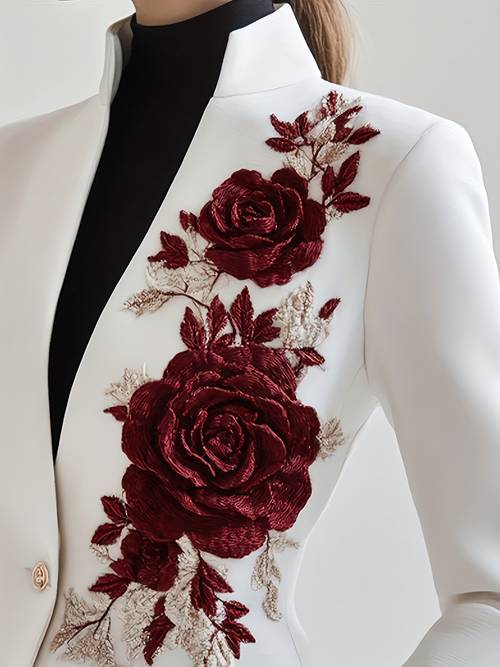 womens casual rose floral embroidered jacket burgundy roses on white relaxed fit machine washable versatile outerwear autumn jacket elegant jacket
