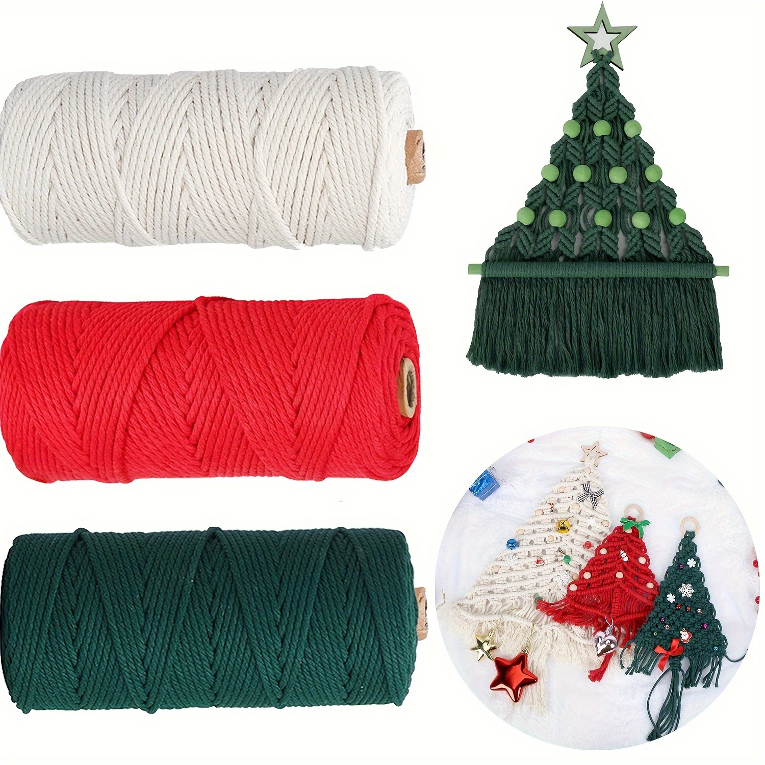 

Boho Chic Macrame Cord Set - 3 Rolls In White, Red & Blackish Green, 3mm X 109 Yards Each - Diy Crafts, Wall Hangings, Plant Hangers & Christmas/wedding Decor, Christmas Decor