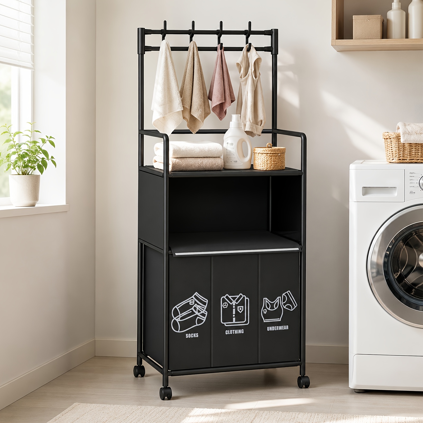 TEMU Laundry Baskets With 3 Sorting Bags, 2-tier Vertical Storage With Hanging Rail, Shelves And Storage Rack, Laundry Sorter With Reinforced Frame
