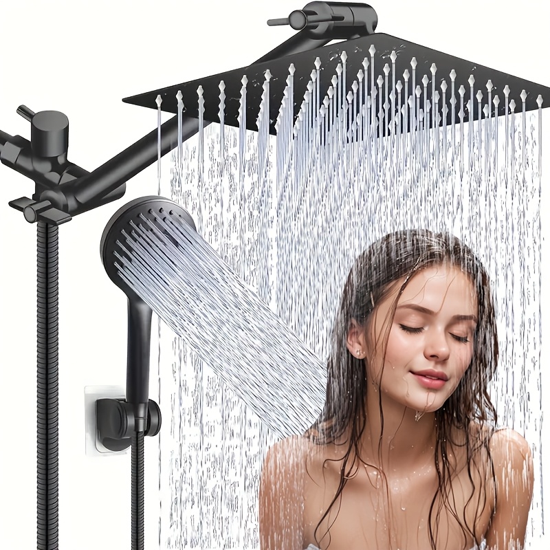 "Luxurious Rainfall Shower Head Combo: 8/12 Inch High Pressure & Handheld with 11 Inch Extension Arm – 5 Settings, Anti-leak Design, Height/Angle Adjustable" 17 Shower Head, 8/12 Inch High Pressure Rainfall Shower Head/Handheld Shower Combo With 11 Inch Extension Arm, 5 Settings Adjustable Anti-leak Shower Head With Holder/Hose, Height/Angle Adjustable