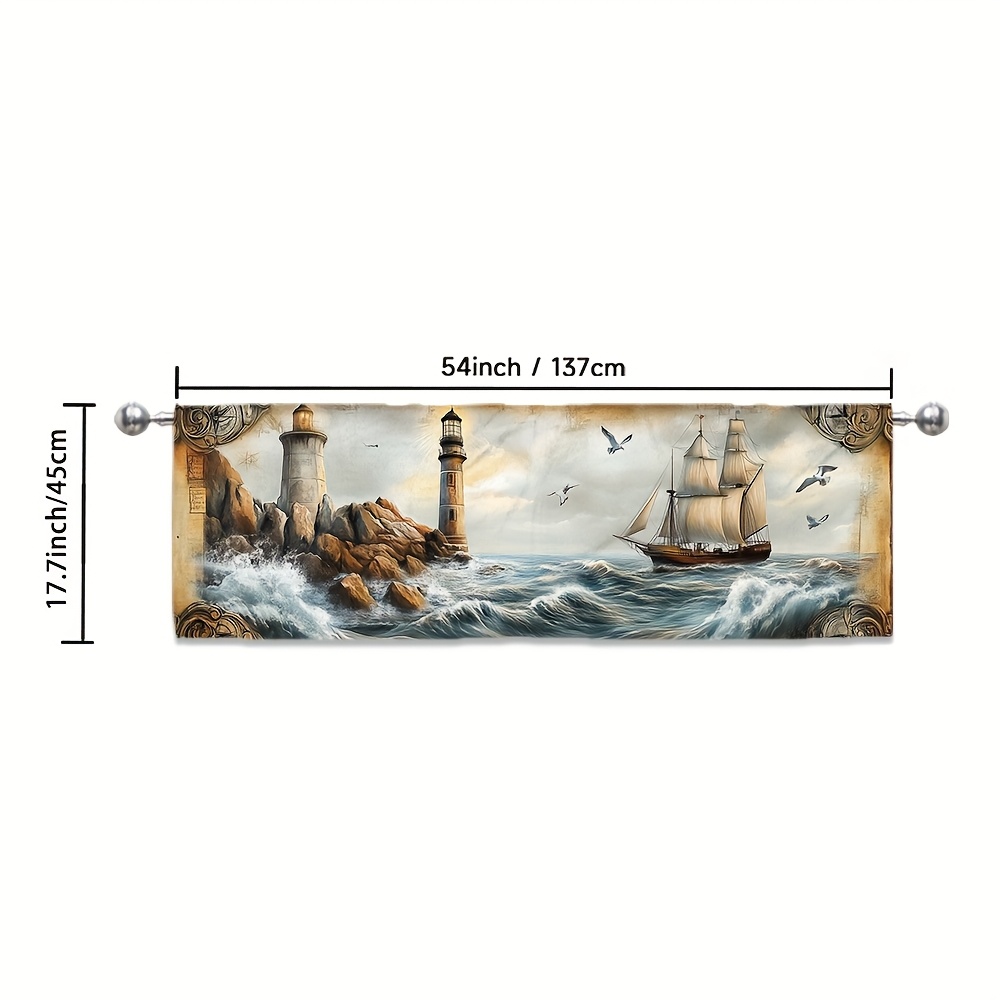 TEMU 1pc Vintage Nautical Boat Kitchen Valance Curtain - Artistic Lighthouse & Sailboat Design, Durable 100% Polyester, Light Filtering, Machine