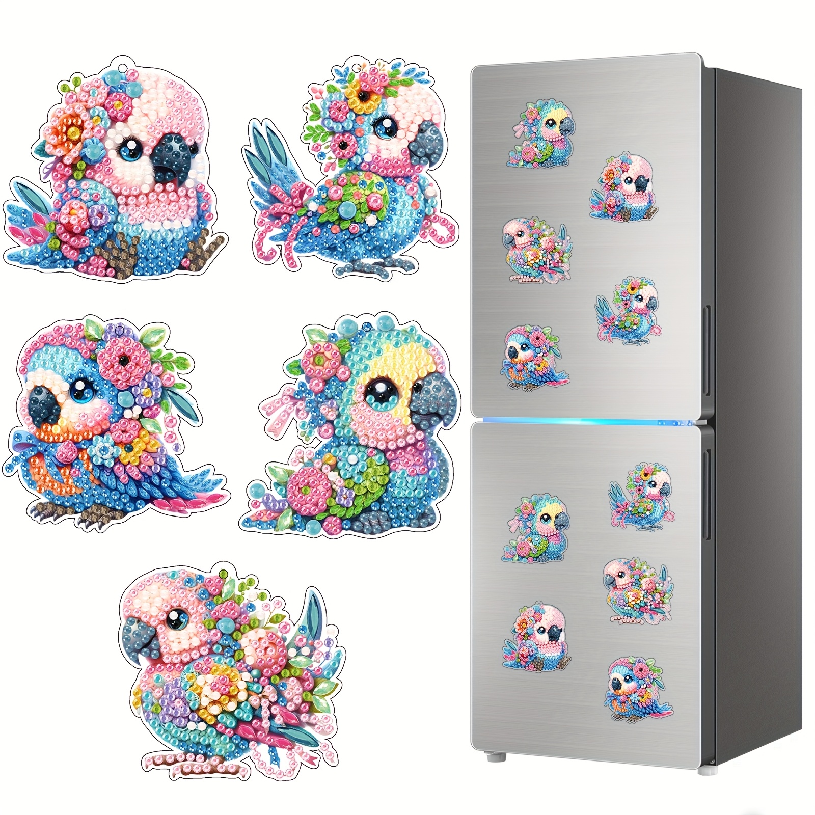 TEMU Set Of Painting Magnetic Decorative Stickers Featuring Colorful Parrot Designs With Flowers. Cute And Exquisite Diamond Painting Fridge Magnets