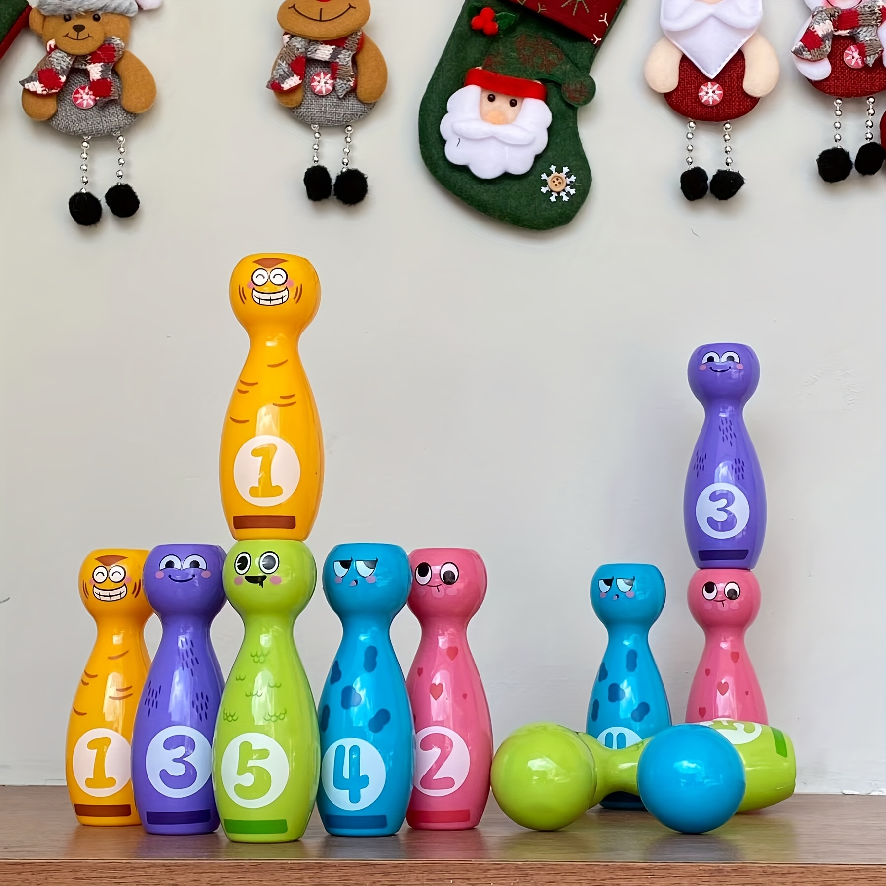 bowling toy set with cartoon fun   and exquisite pad printing technology that does not fade or paint off   packaging 10 bottles and 2 balls as halloween christmas gift Product details 1