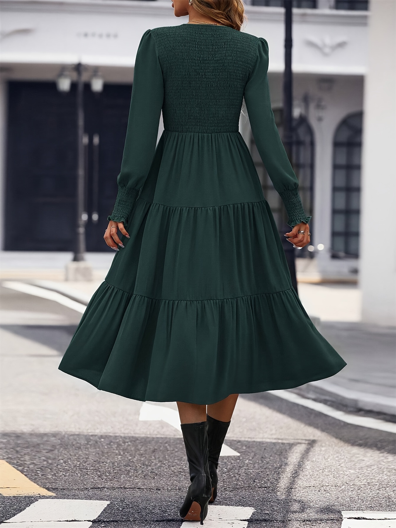 womens cuff dress solid color bust pleated round - Temu United Arab Emirates