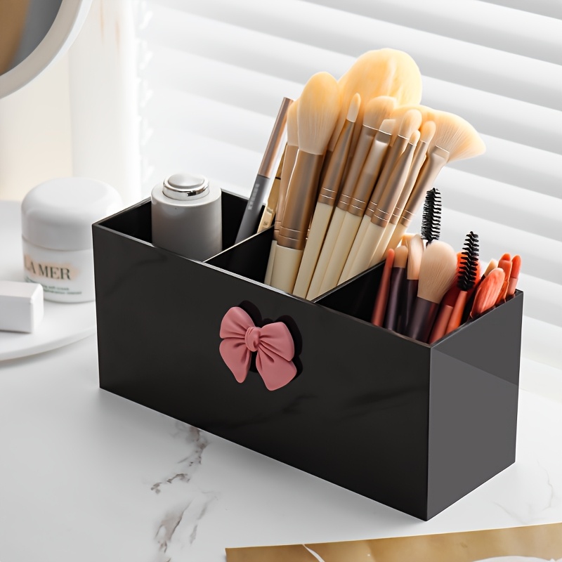 1pc 3 compartment makeup brush storage box eyebrow pencil and lipstick storage rack small display box suitable for bathroom bedroom pink bow black home storage box Product details 2