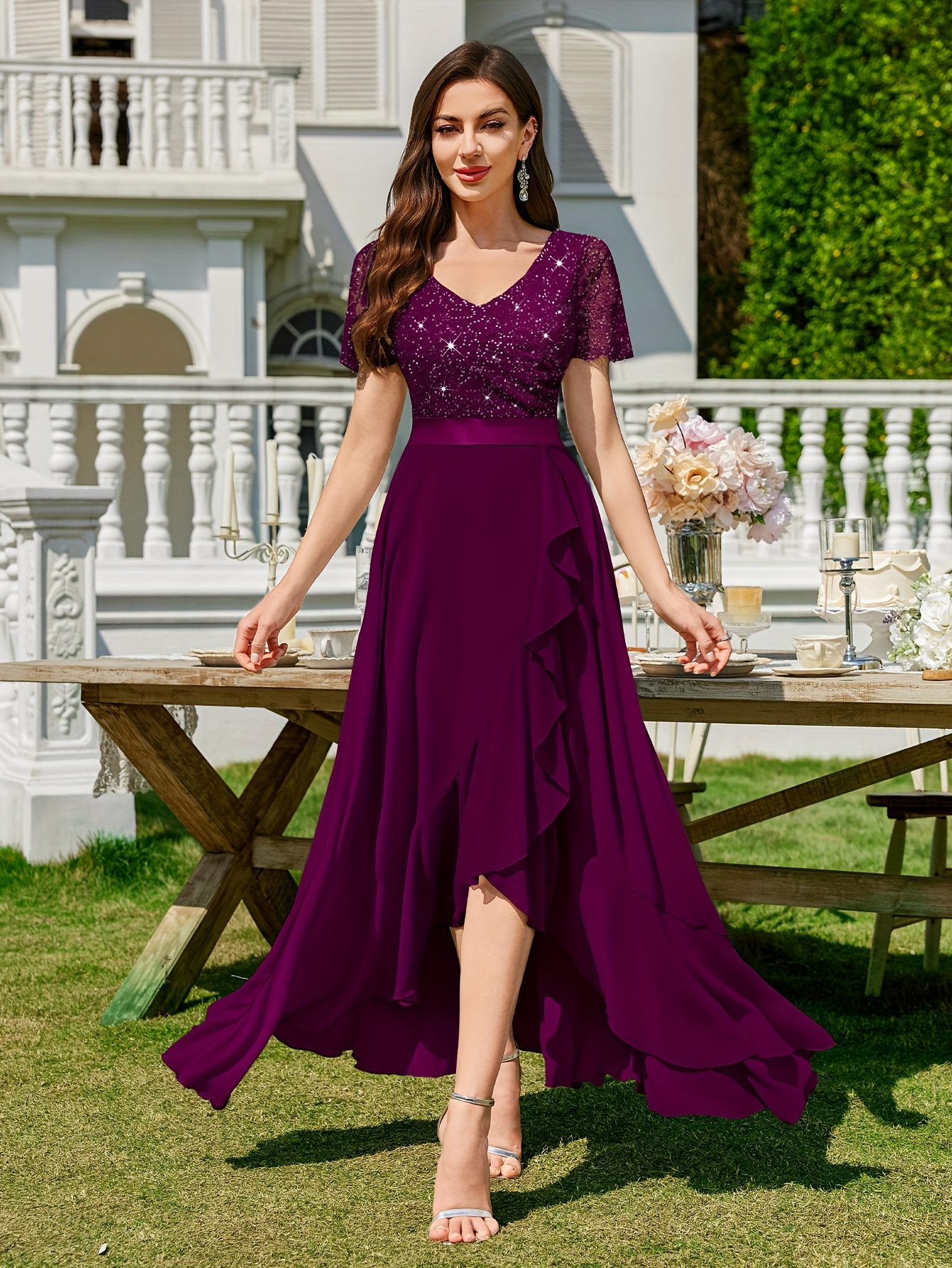 24233 womens elegant v neck sequin lace maxi dress short - Temu