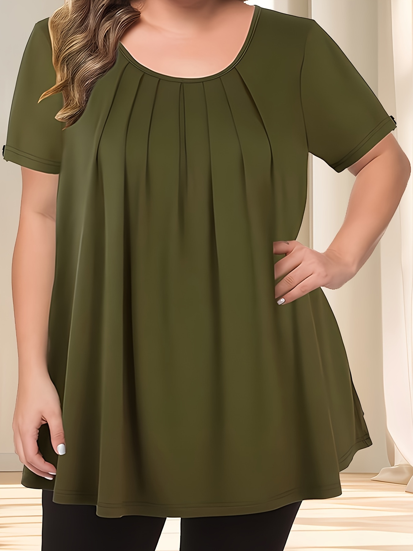 Women'S Casual Crew Neck Short Sleeve Blouse, Solid Color Plus Size, Lightweight Polyester with Subtle Stretch, Flared Hem, Spring/Summer Fashion Top, Casual Wear Blouse | Elegant Plus Size | Simple Eleganc