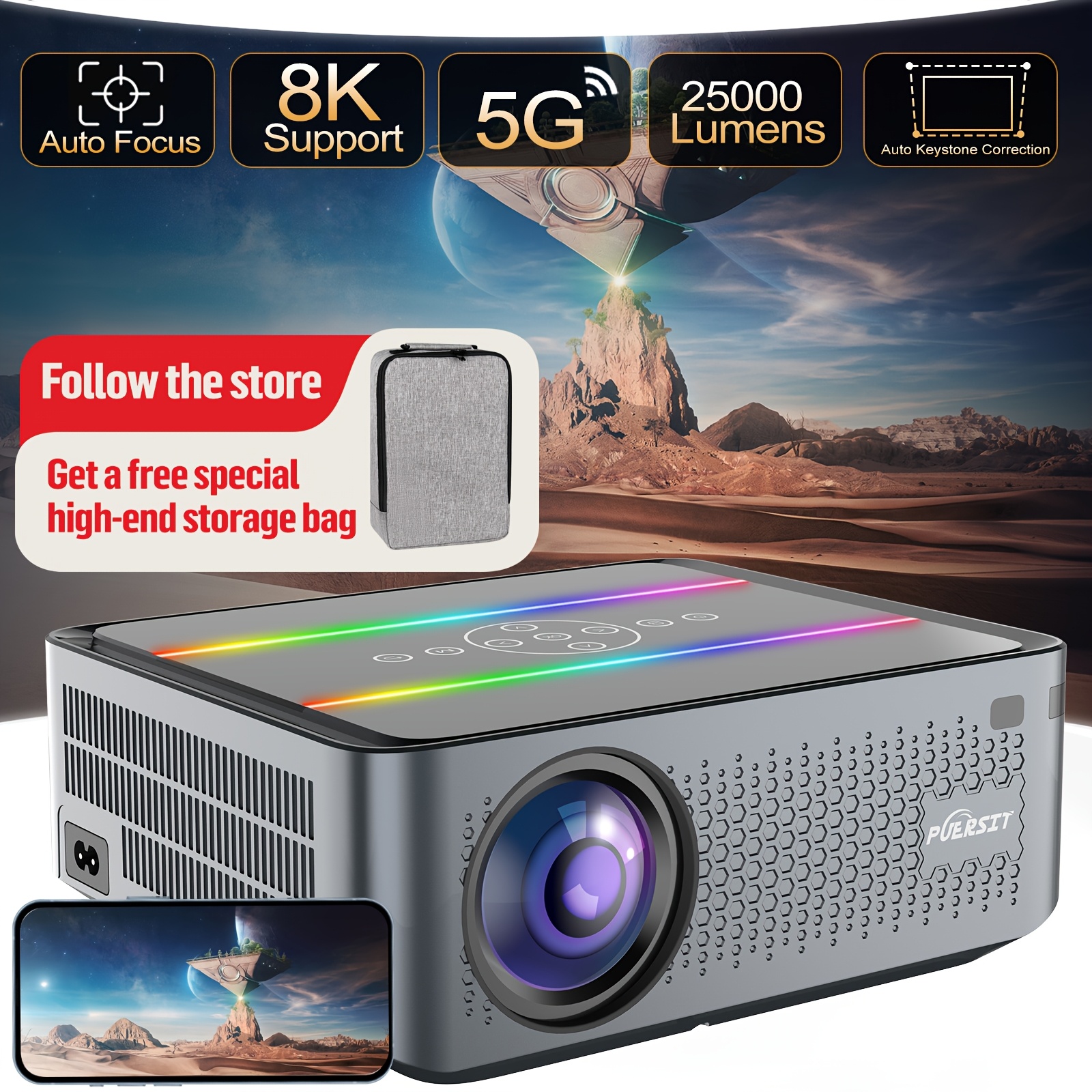 

4k Projector With 5g Wifi, 8k Hd Movie Projector, 1080p Full Hd Projector, 1s , Fully Automatic 4d/4p Correction, 25, 000lumen Movie Projector, Compatible With Ps5, Hd, Smartphones, Laptops