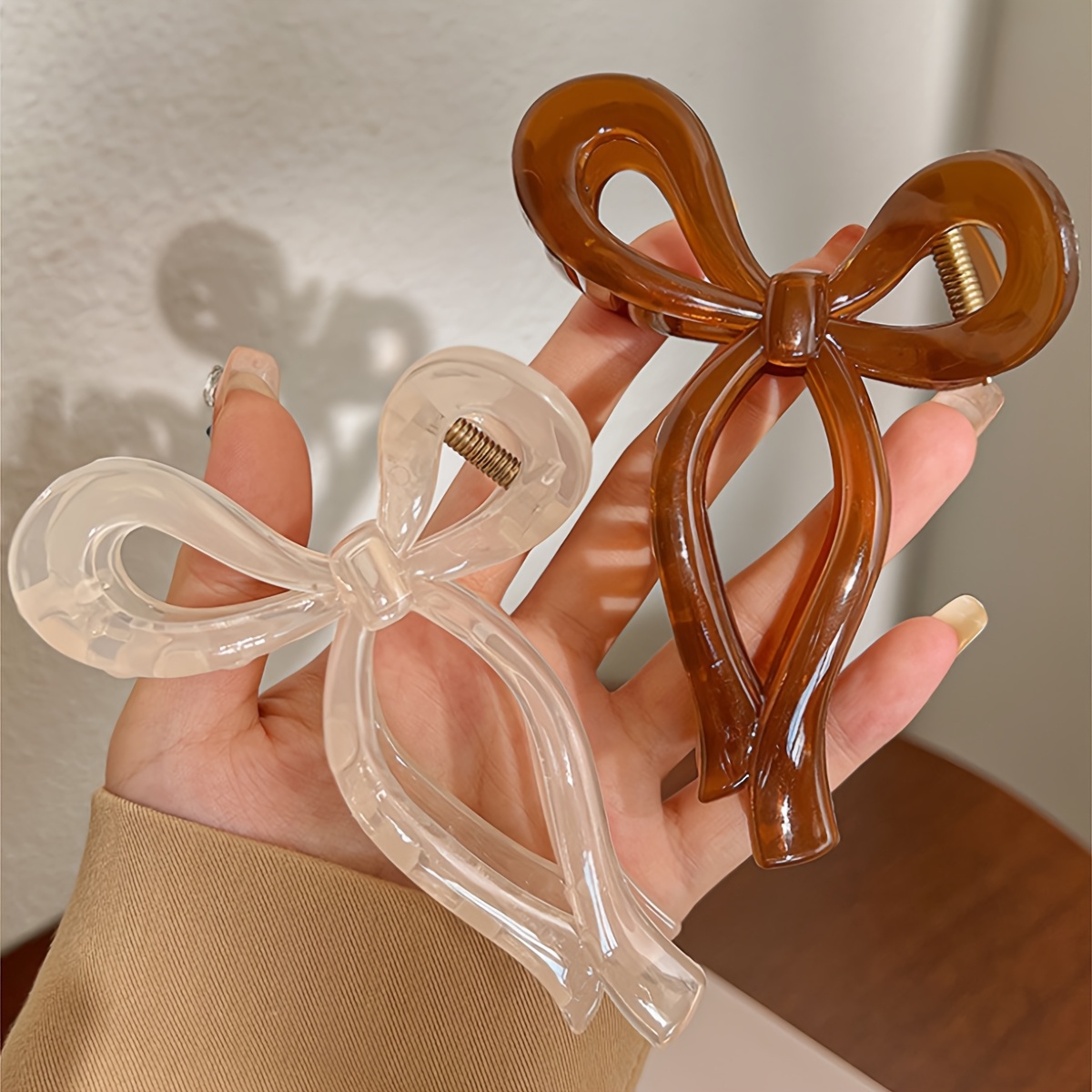 

2pcs Elegant Minimalist Bow Hair Claw Clips Set, Large Transparent And Brown Jelly Hair Clips, Solid Color Hair Accessories, For Women, Suitable For 14+, For Valentine's Day