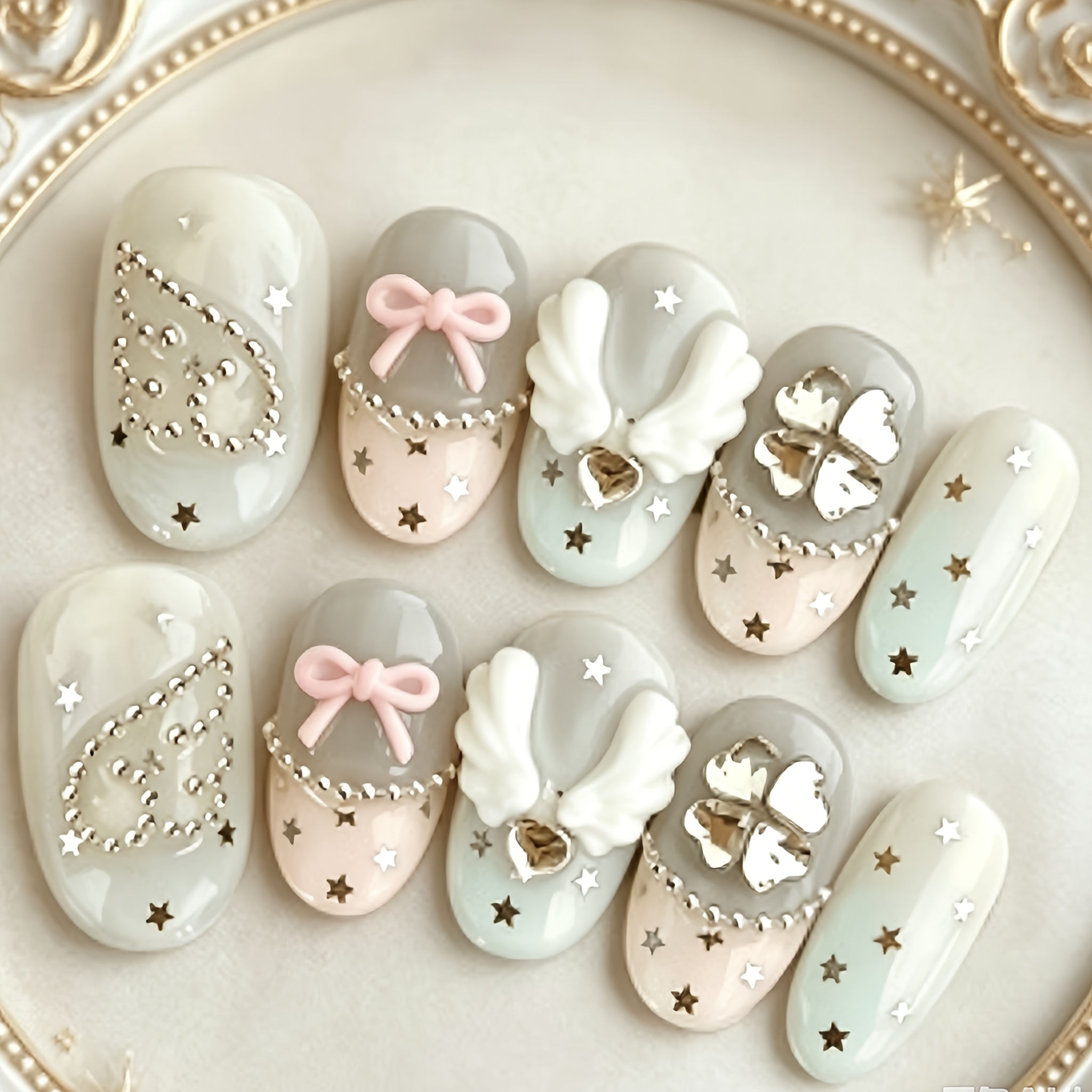 TEMU 10 Oval Nail Art Pieces, Reusable, Mint Green nude Pink Contrasting Colors, Full Of Atmosphere, Appearing White And High-end, With A Fairy Sweet