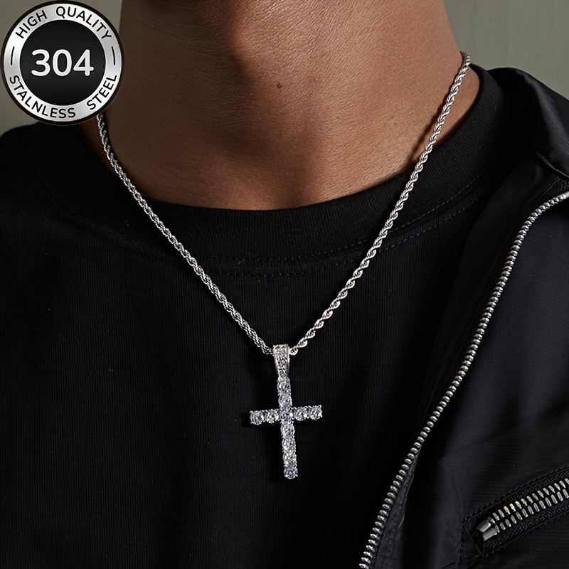 Image of 1pc Of 304 304 304 Stainless Steel Twisted Rope Chain, Sparkling Synthetic Synthetic Zircon​​ Cross Pendant Design, For Daily Wear, Valentine's Day Gift
