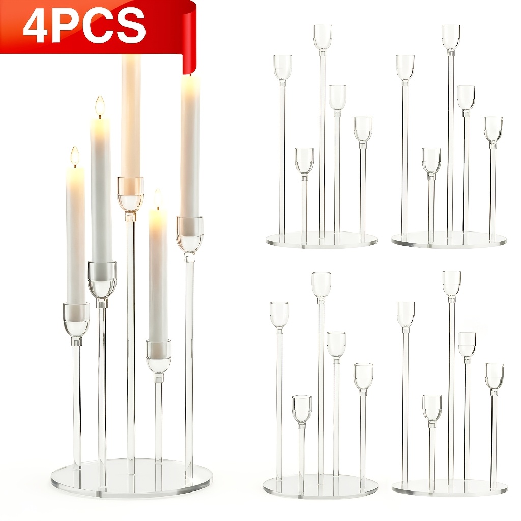 TEMU 4pcs Acrylic 5 Candle Holder, Clear Candelabra Centerpieces For Wedding Living Room Dinner Table Christmas Decoration, Christmas Decoration,
