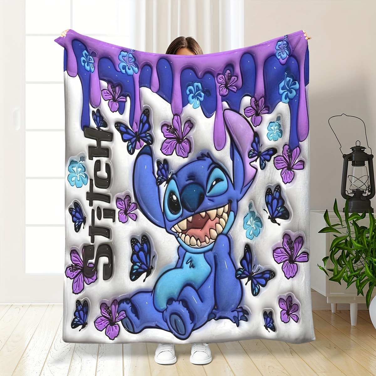 

Stitch: Blue With Purple Flowers And Butterflies - Fleece Blanket (51.18in X 130cm)