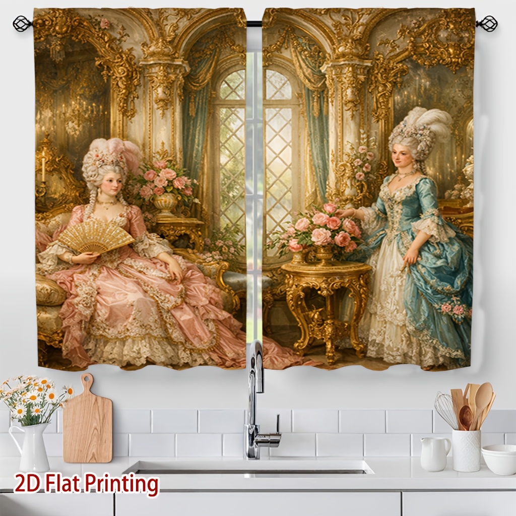 TEMU 2pcs Panels Vintage Court Figure Curtains Suitable For Living Room, Semi-sheer Privacy Window Drapes With Rod Pocket Installation, Light