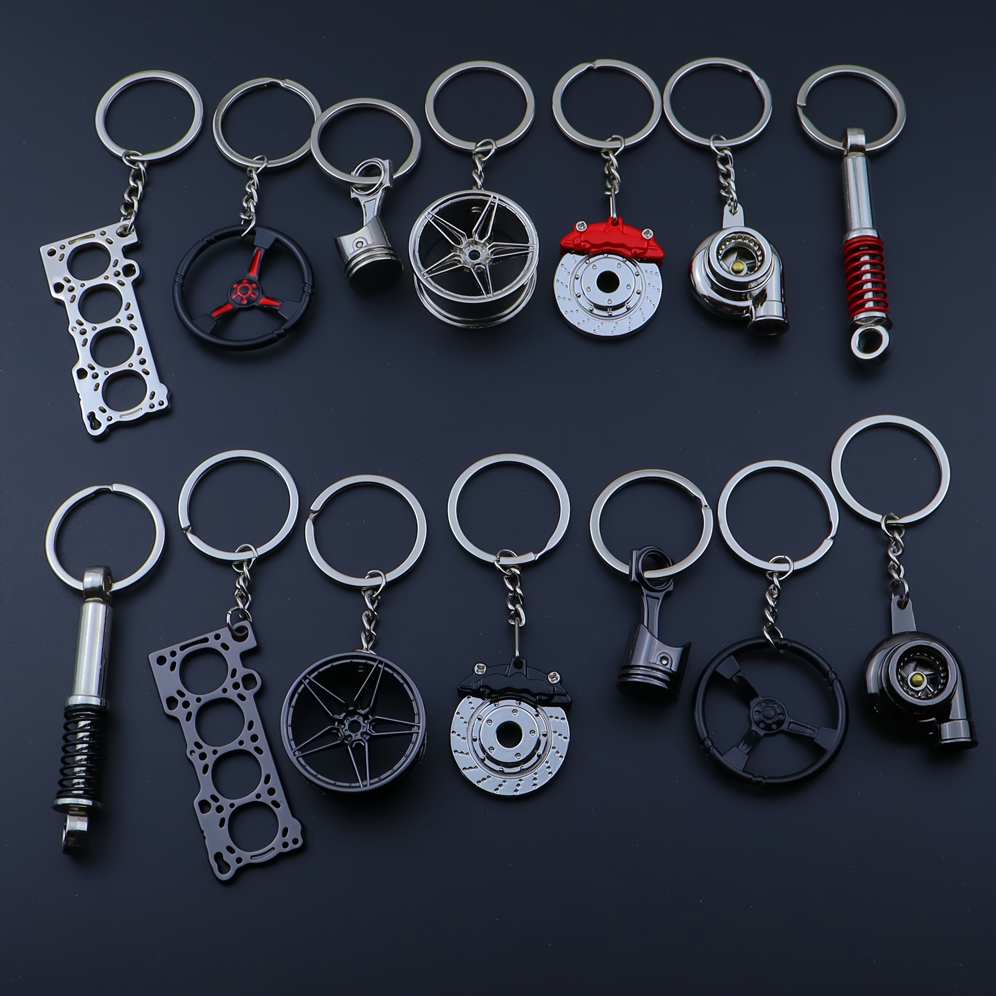 

7pcs Car Keychain Set - Sporty Black Zinc Alloy, Includes Engine , Turbo, Wheel Hubs & More - Perfect Gift For Men