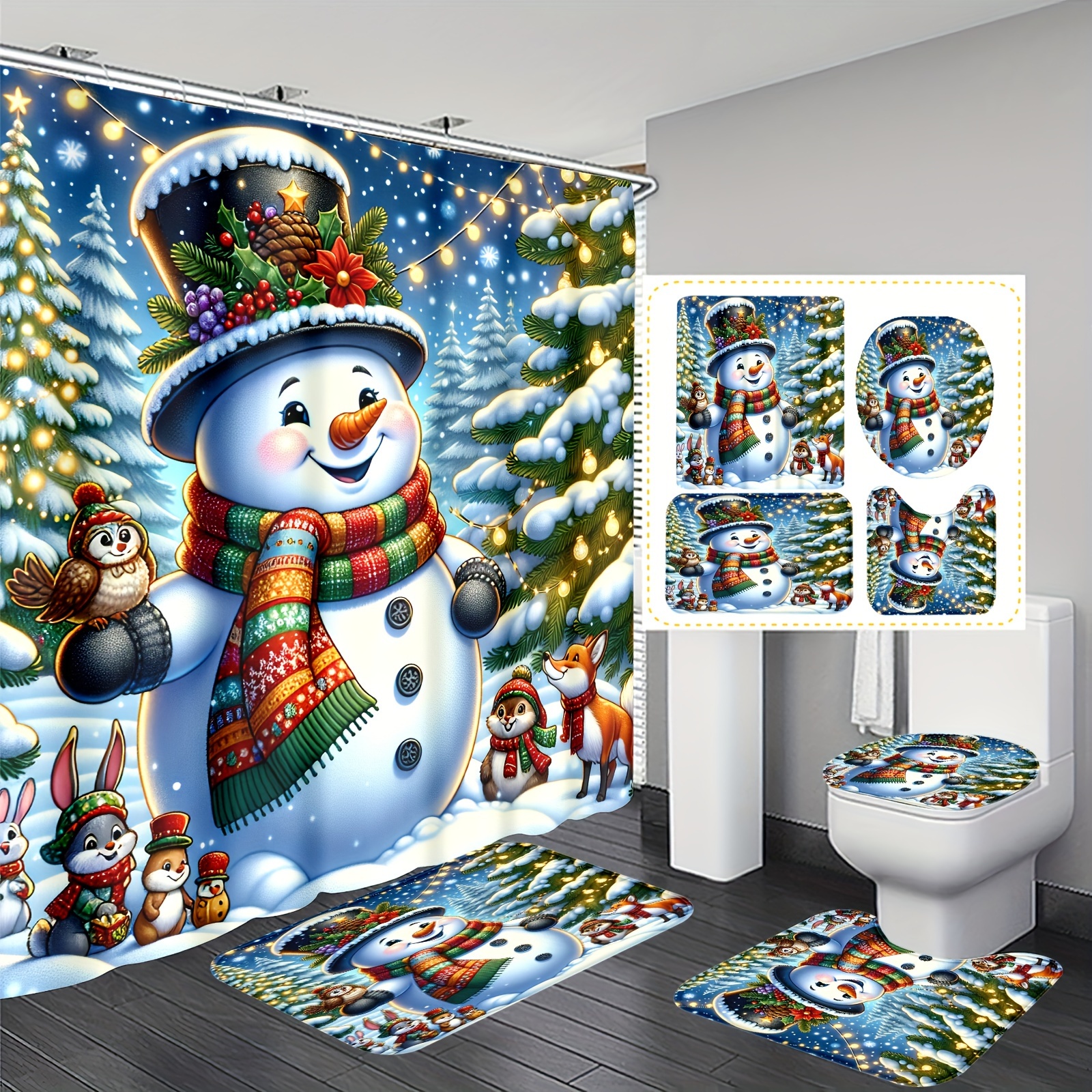 

Festive Christmas Snowman Bathroom Set: Includes 1 Shower Curtain, 12 Hooks, 2 Bath Mats, 1 U-shaped Rug, And 1 Round Toilet Seat Cover - Perfect For A Cozy Winter Bath!