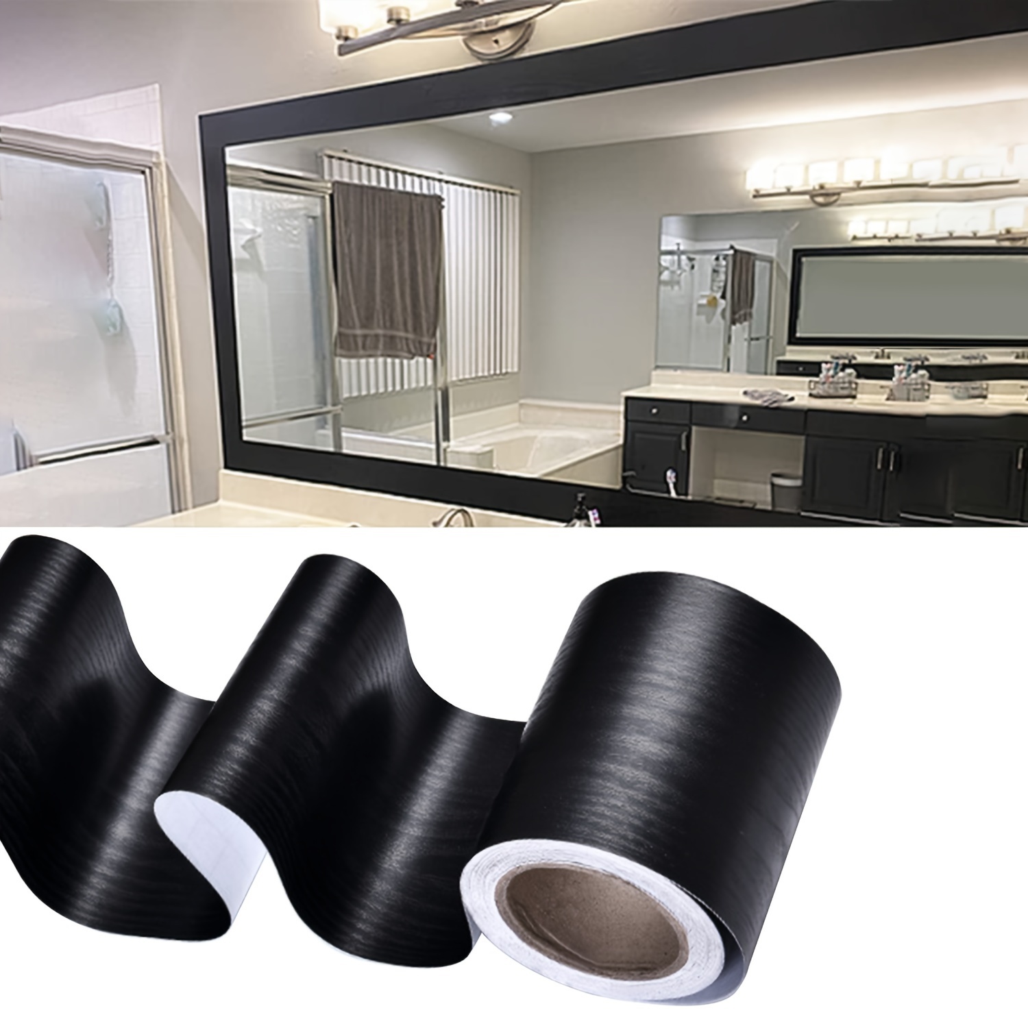 

Black Wood Grain Mirror Frame Wallpaper - 10m, Waterproof Pvc, Removable Decor For Kitchen & Bathroom