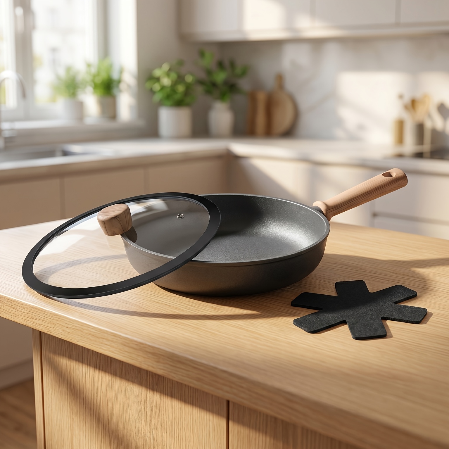 Image of 3pcs Nonstick Frying Pan With Lid, 20cm Large Deep Frying Pan, Non Stick Pan With Cover And Felt Pads, Induction Pan, Cooking Pan With Helper Handle