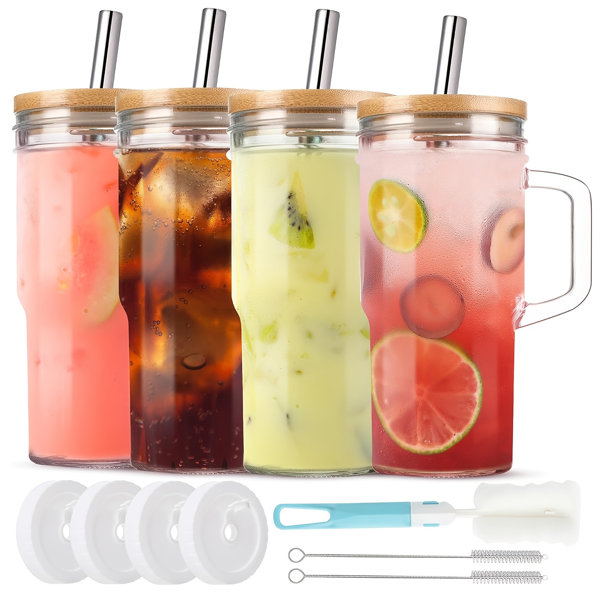 2 4pcs 24oz glass tumbler with lid straw reusable freezer safe round drink mug for iced tea coffee and cold beverages   christmas halloween thanksgiving diwali and   celebrations festive drinkware round tumbler durable glassware coffee tumbler Product details 0