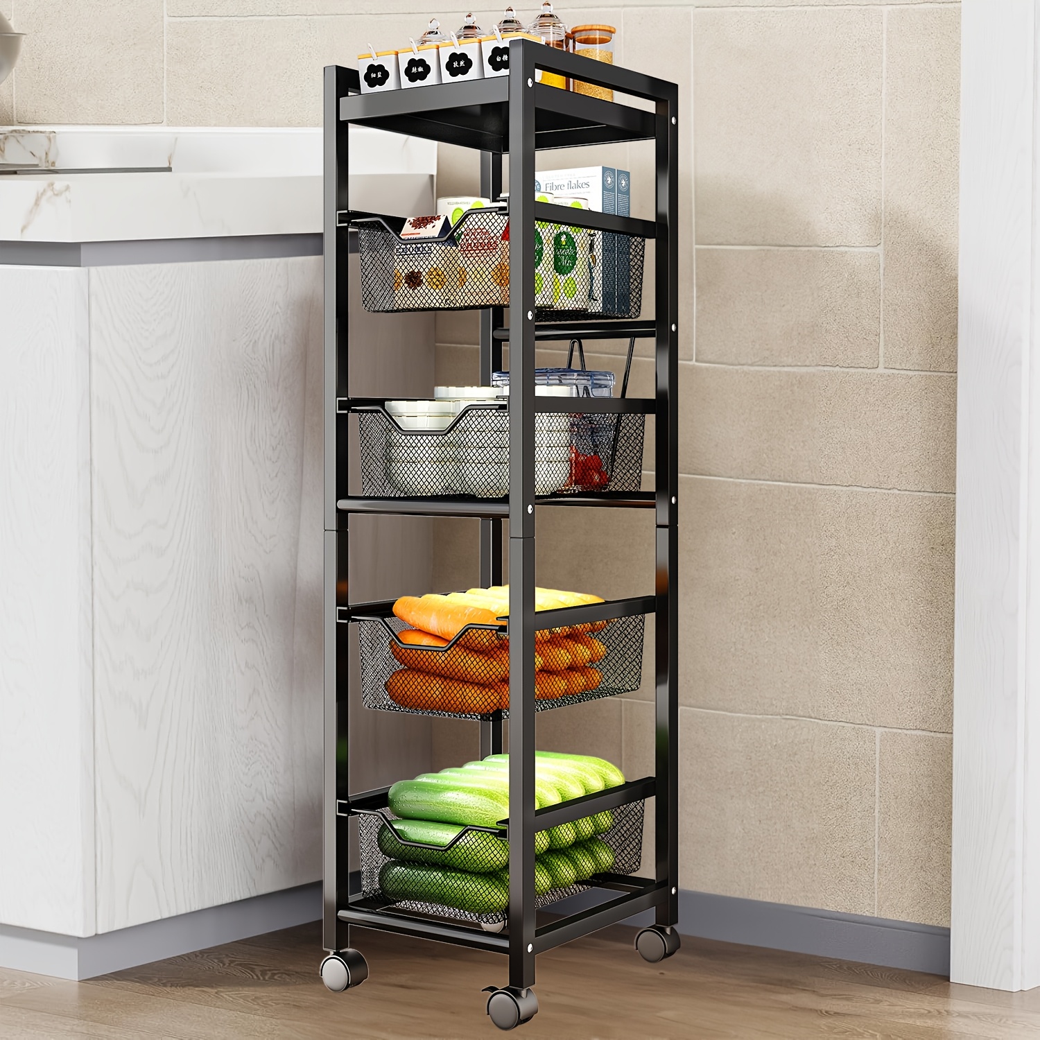 

Narrow Rolling Cart With 3 To 5 Tiers, Small Kitchens. This Mobile Spice Rack Serves As A Seasoning Organizer And Utility Cart For The Kitchen, Bathroom, Or Laundry, In Black, Utility Racks