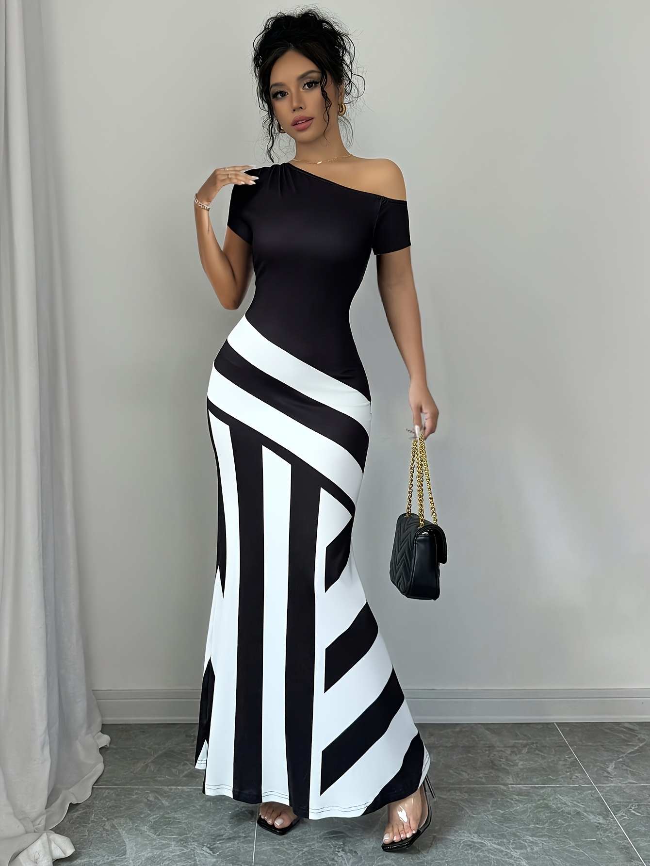 long black dress lulus ZAPAKASA Women Black White Satin Long Black Tie Dress with 3D Flowers One  Shoulder Mermaid Formal Dress with Ruffles main image 1