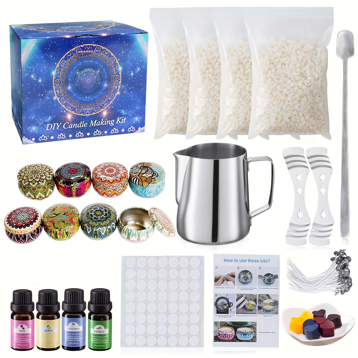 TEMU A Essential Oil Kit With 1-8, Featuring Tools For Making Personalized Candles. It Includes 4 Different Scented Oils And Uniquely Designed Jars