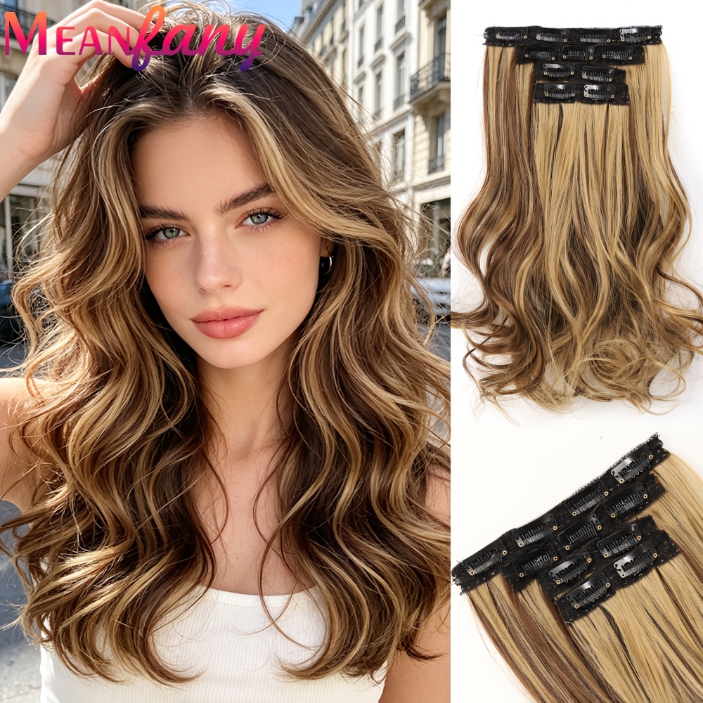 TEMU Lot de 4 Extensions de Cheveux à Clip pour Femmes avec Mèches Naturelles Douces Courtes Ondulées/Bouclées, Extensions à Tresse de Dentelle