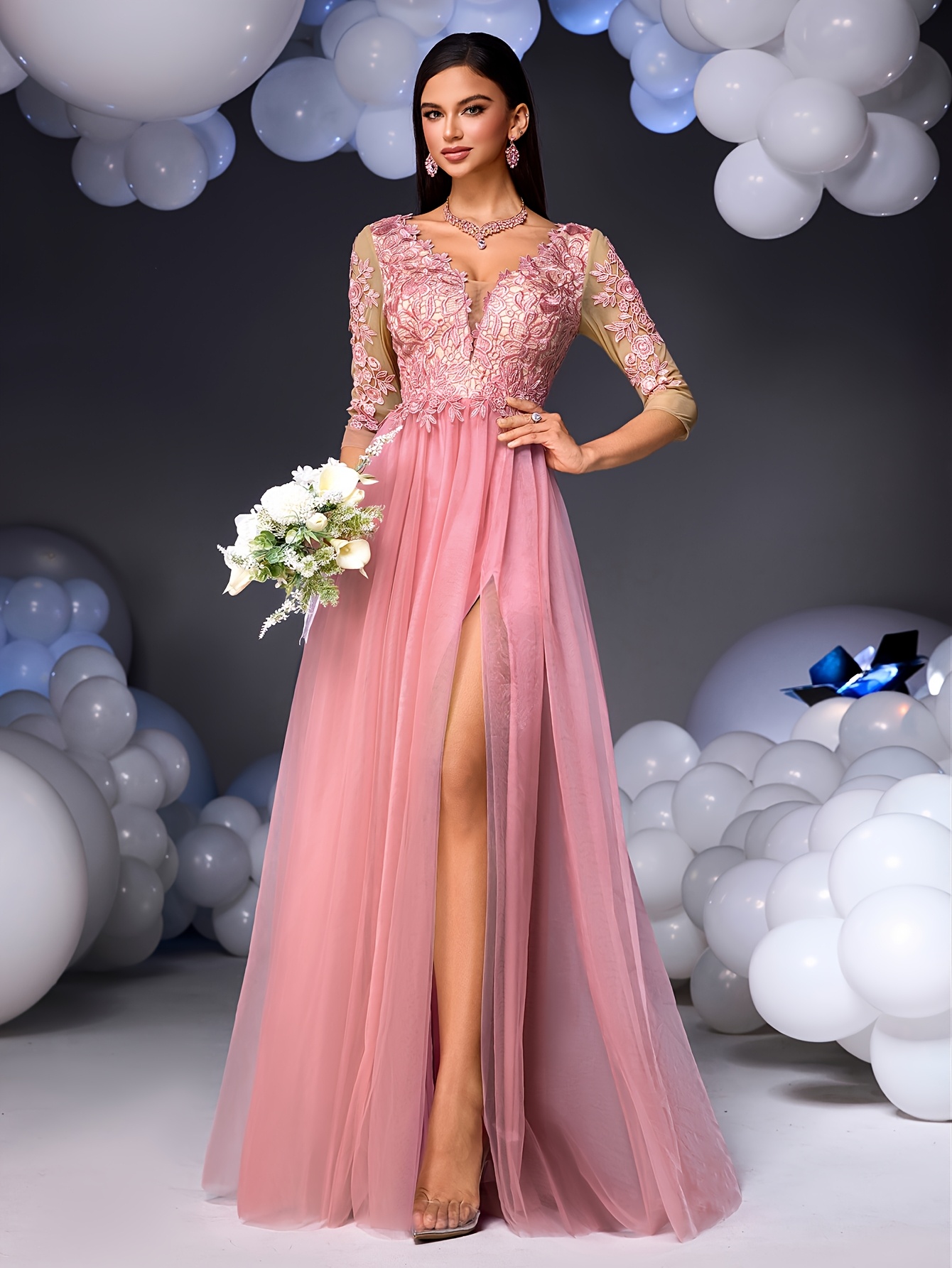 フォーマル・ドレス・スーツ Blooming Rose Pearl Dress M(100) / OREN B203002 Long V-neck Poly Chiffon Bridesmaid Dress with Ruching