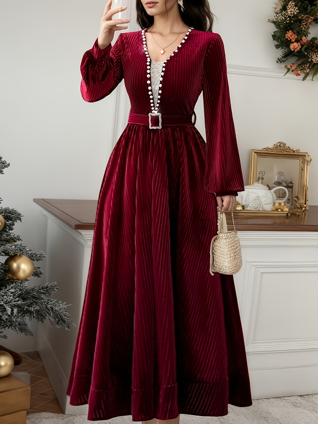 princess polly baby blue dress Burgundy Velvet Pearl Dress, Burgundy Velvet Dress with Pearl Embellished  V-Neck, Long Sleeve Evening Gown, Elegant Tie-Waist Midi Dress, Formal  Party Guest Dress, Wedding Guest Dress, Cocktail Dress