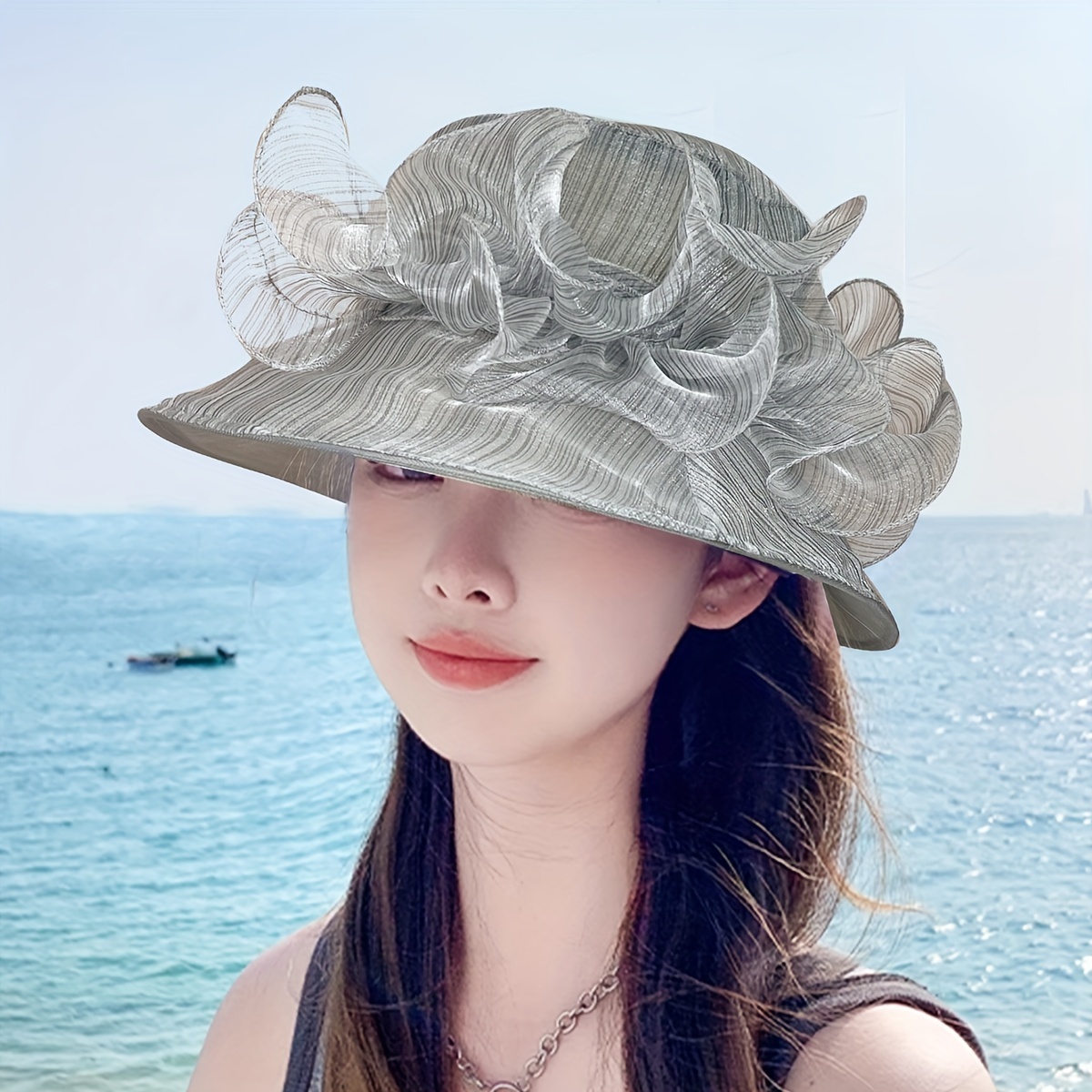 Wide Brim Foldable Sun Hat Flower Decor Elegant Organza Derby Hat  Lightweight Church Hat For Tea Party Wedding Summer Travel Beach Hats