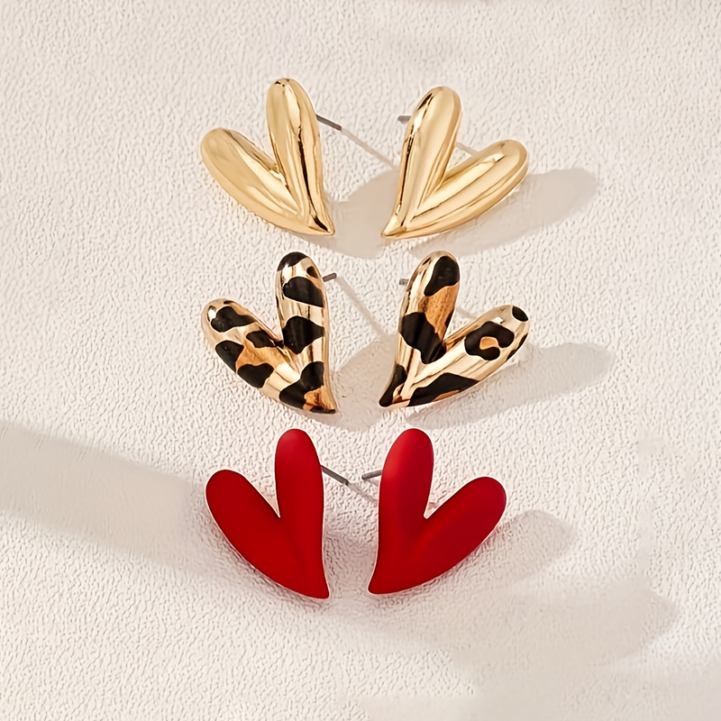 Image of 3 Pairs Of Fashionable And Unique Metal Enamel Leopard Print And Heart-shaped Stud Earrings Set, Suitable For Women To Wear At Parties And Occasions, Perfect As Mother's Day Or Valentine's Gift