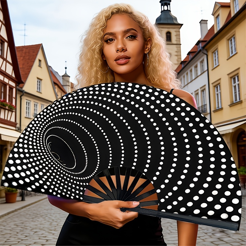 TEMU Black And White Dot Large Folding Fan, Geometric Dot Art Folding Fan, High-end Versatile Cooling Fan | Summer Cooling Decorative Fan | Artistic