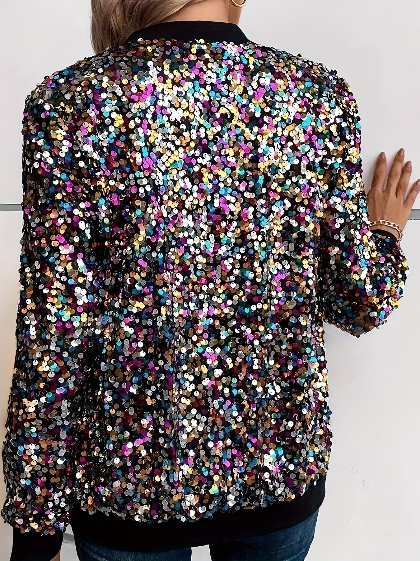 Giacca Da Donna Con Paillettes Luccicanti - Cardigan Lungo Aperto, Colletto Alto, Per Feste E Serate