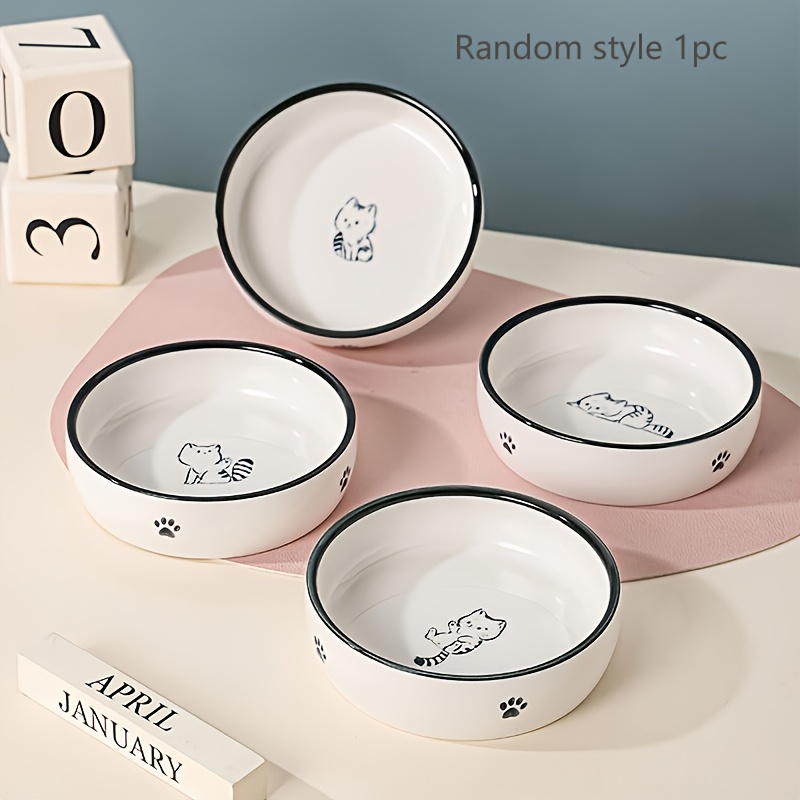 Image of Ceramic Pet Cat Bowl, Cartoon Kitten Anti-tip Ceramic Bowl For Water And Food For Kittens / Random Style, 1pc