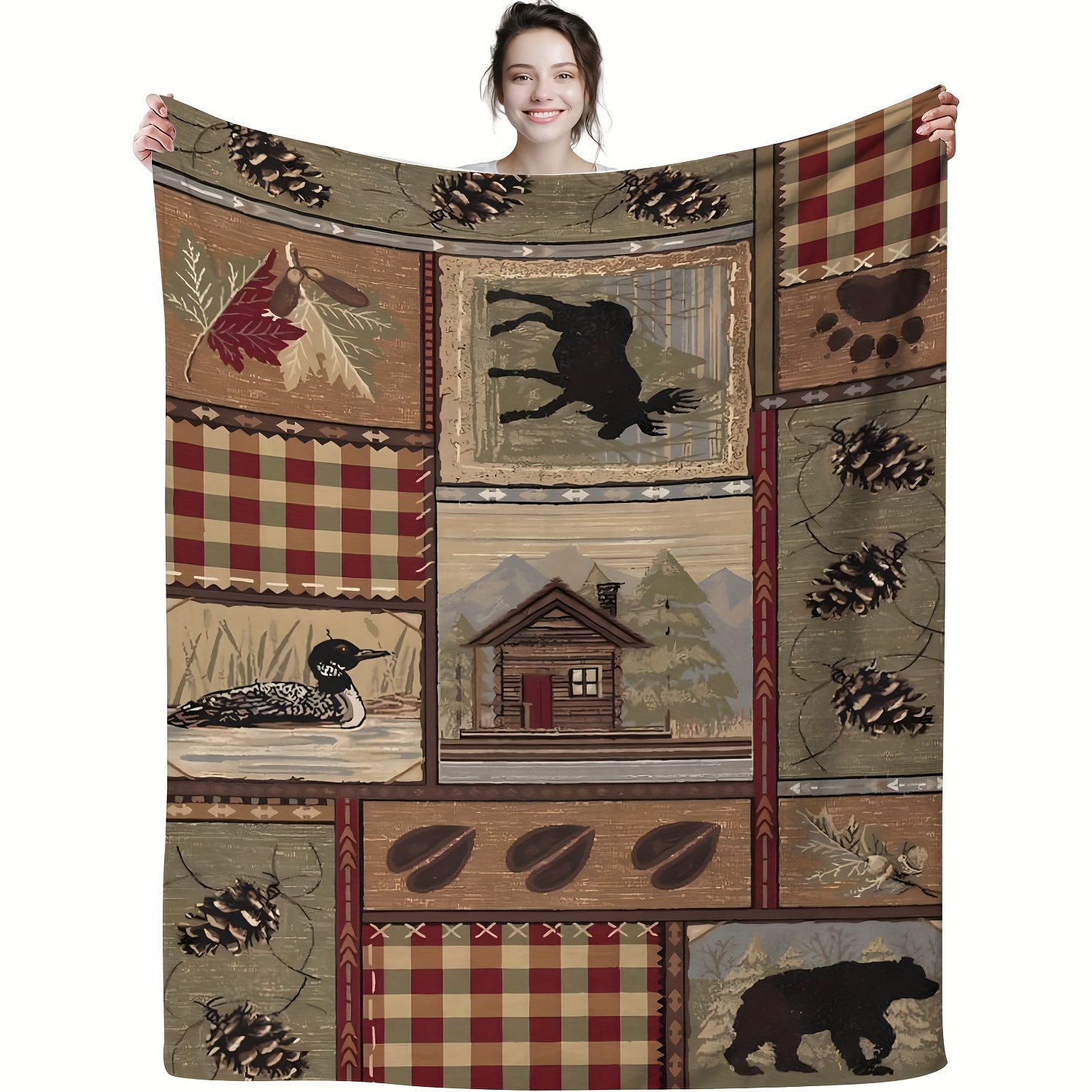 

Style Knitted Polyester Throw Blanket With Rustic Wildlife Patchwork Pattern – Cozy All-season Flannel Fleece With Cabin, Bear, Duck, And Pinecone Motifs For Animal Enthusiasts