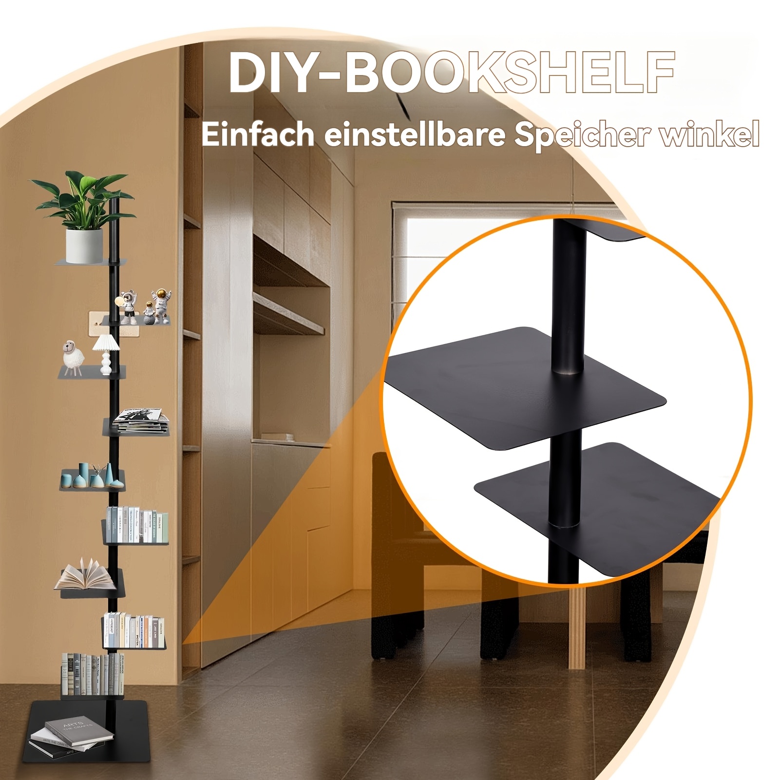 Spine Bookshelf | 9-layer Stylish Metal Bookshelf | Vertical Standing Book Tower | Study Bookshelf | Decorative Storage Rack for Decoration, Books, Storage, Bookcase, Small Plants