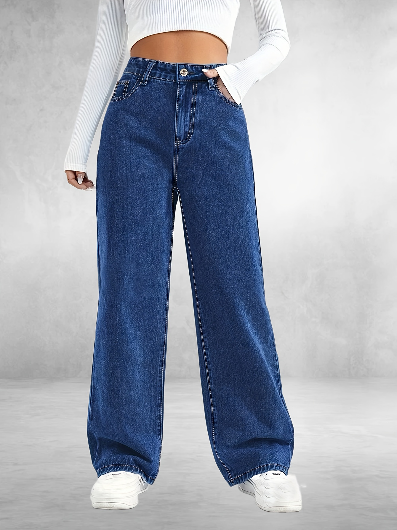 Women'S High Waist Wide Leg Denim Jeans Casual Bootcut Button Fly,  Non-Stretch Solid Color, Washed Detail, for Long Pants