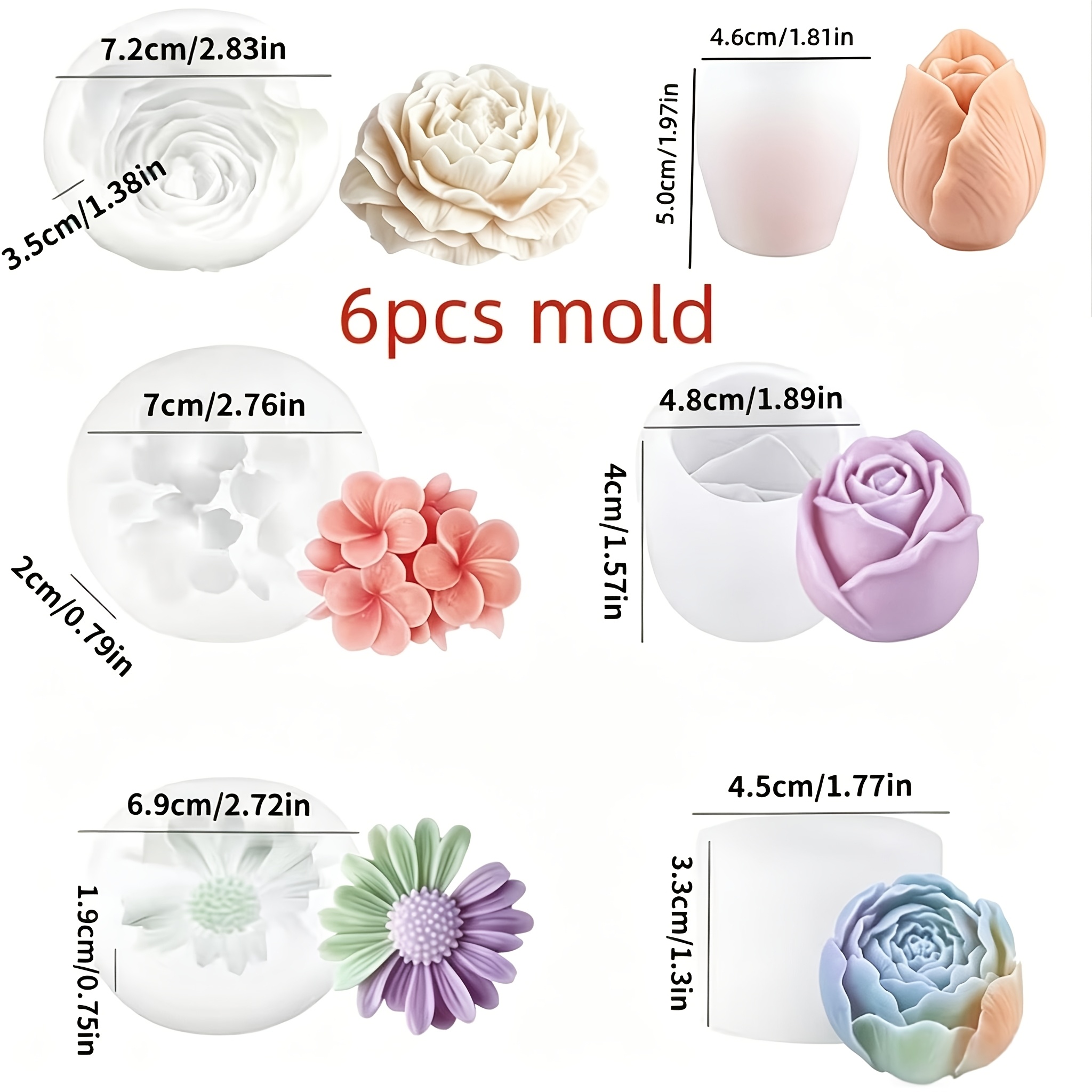 TEMU 6 stampi in silicone 3D a forma per candele, , rosa, peonia, margherita, facili da lavare e riutilizzabili, stampi per aromaterapia, , resina,
