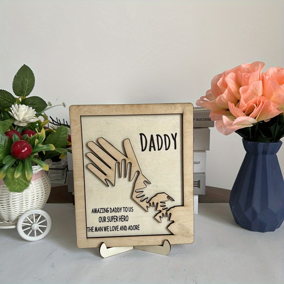 1pc fathers day wooden sign palms intertwined wooden plaque with base gift for dad grandfather amazing daddy to us our super hero the man we love and adore decorative ornaments home decor interior decor living room and bedroom details 0