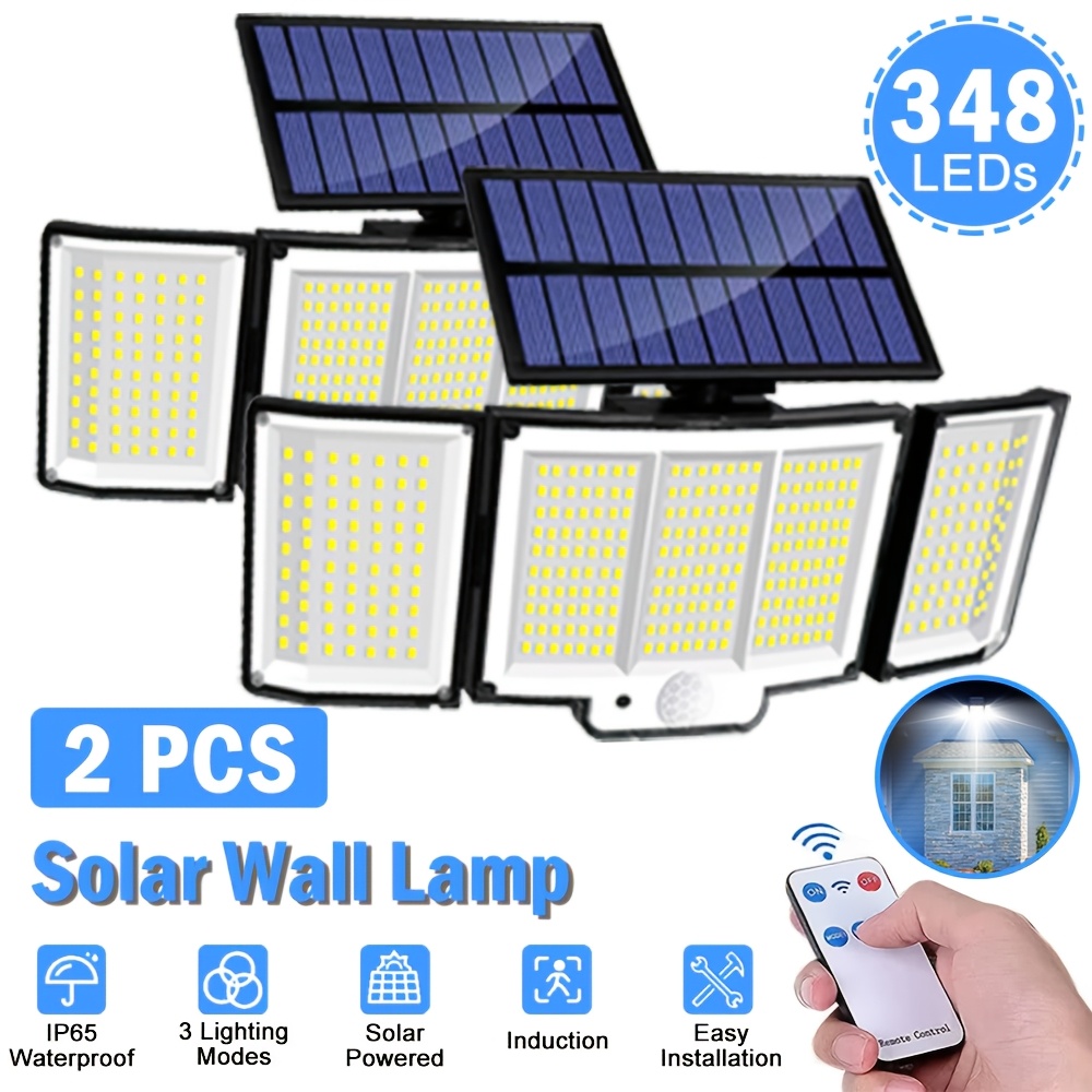 TEMU 2pcs Solar Motion Sensor Lights Outdoor Garden, 348led Solar Wall Lights With Remote Control, Security Flood Lights, 270° Wide Angle Wall Lamp