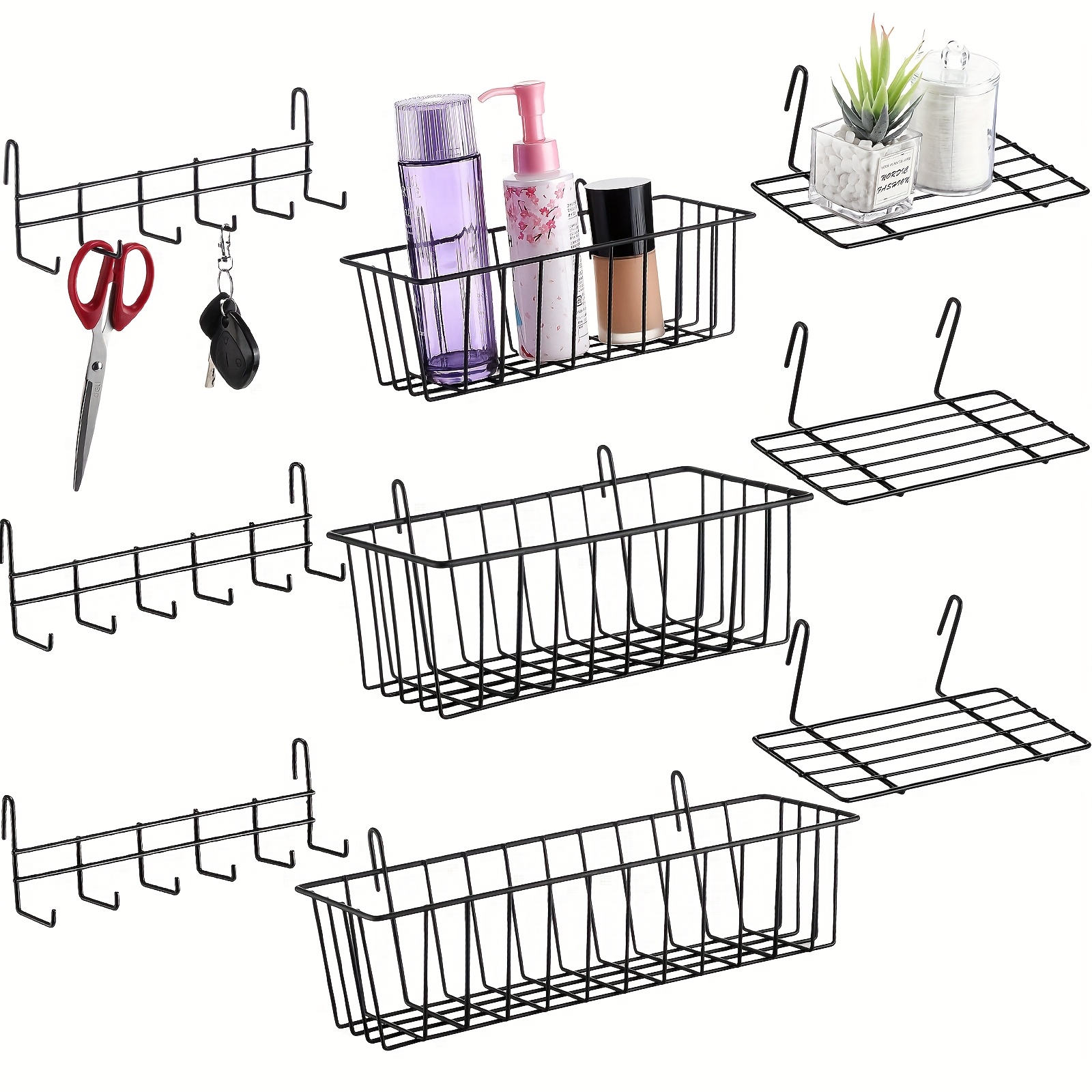 TEMU 9pcs Hanging Wire Basket Grid Wall Accessories Hanging Shelf Set Includes 3pcs Grid Wall Basket 3pcs Wire Straight Shelf And 3pcs Black Rack For Wall Grid Storage Display, Floating Shelves