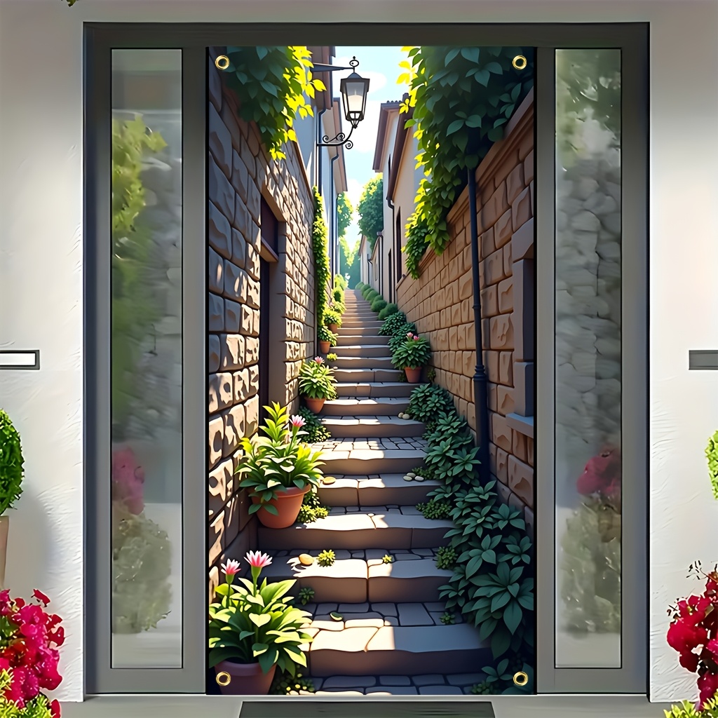 Image of 2d Flat 1pc, A Set Of Stairs Up To A Building With 1, Polyester Fiber 35* 71in Indoor And Outdoor Art Decoration Door Curtain, Designed For Home Office Decoration, Suitable For Bedroom