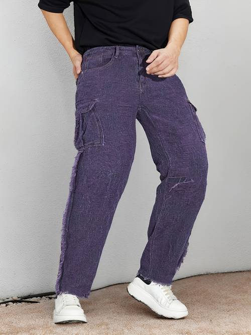 heren jeans met opgezette effecten en jacquard, denimbroek met onafgewerkte zoom, gewassen wandtapijt broek