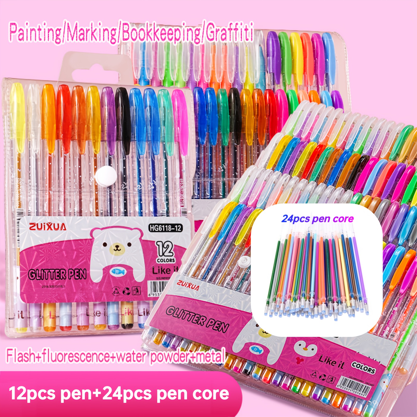 E-shop 36-teiliges Farbwechsel-Glitzerstift-Set mit Flüssigglitzer, funkelnden Stern-Gelstiften, Aurora-Schimmerstiften Textmarkern für Journaling.