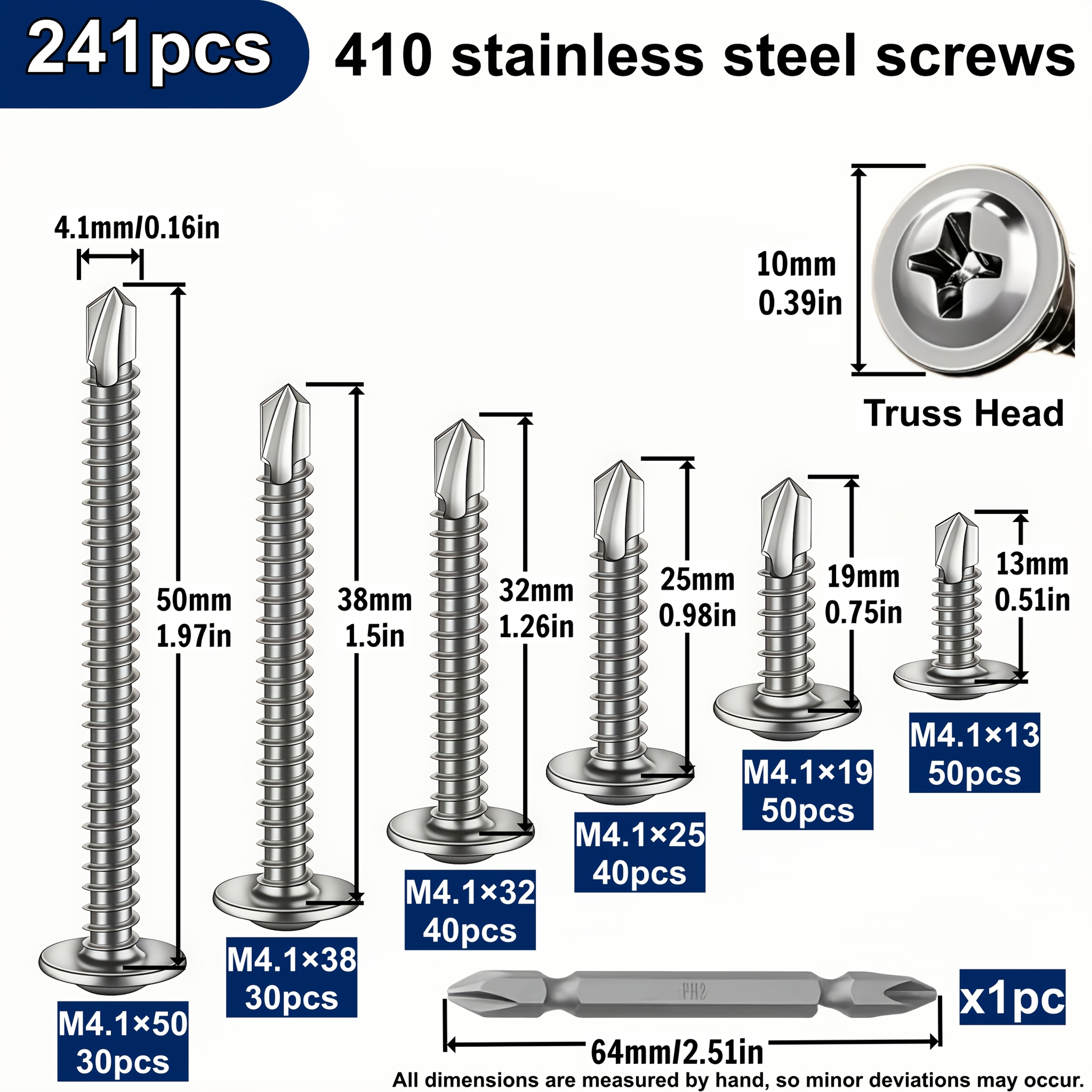 TEMU 241pcs Truss Head Phillips Self-tapping Tek Screws Assortment Kit (240 Screws & 1 Included S2 Bit), Made Of Rust-resistant 410 Stainless Steel,
