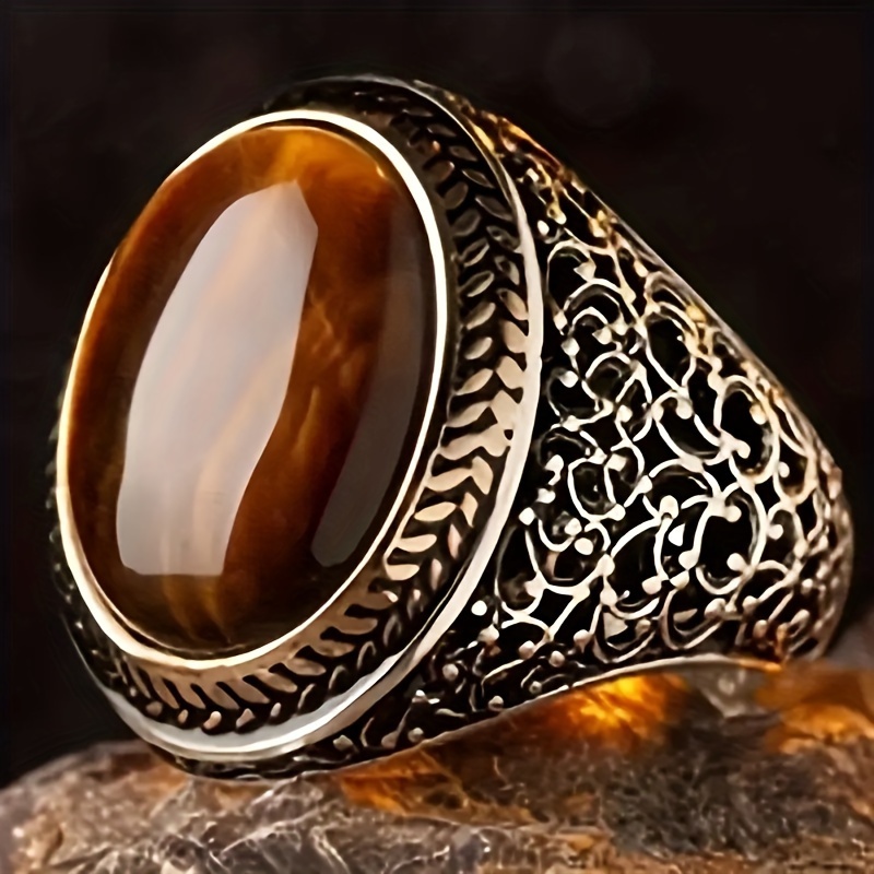 

1pc High Quality Copper Vintage Creative Men's Personalized Fashion Hip Hop Punk Ring With Tiger Eye Stone Ring, Perfect Jewelry Gift For European And American Men