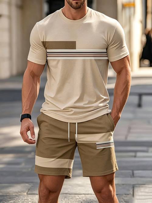 mens 2 piece outfit set summer short sleeve crew neck t shirt top shorts 3 print vintage style striped contrast color must have for street fashion enthusiasts suitable for daily casual fitness