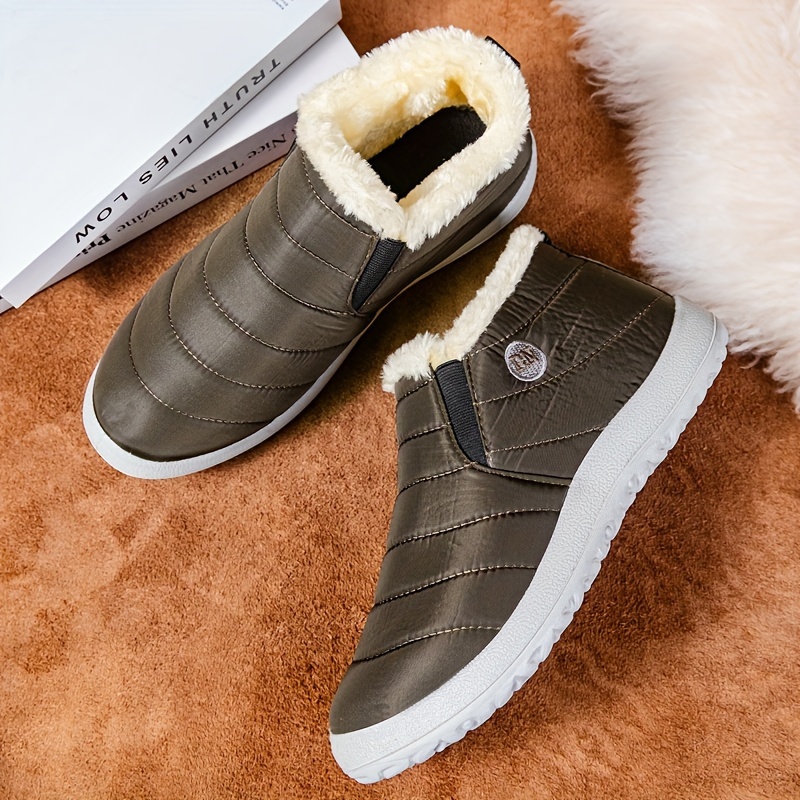 womens cozy slip on ankle boots waterproof warm fleece lined winter shoes with flat heel solid color details 2