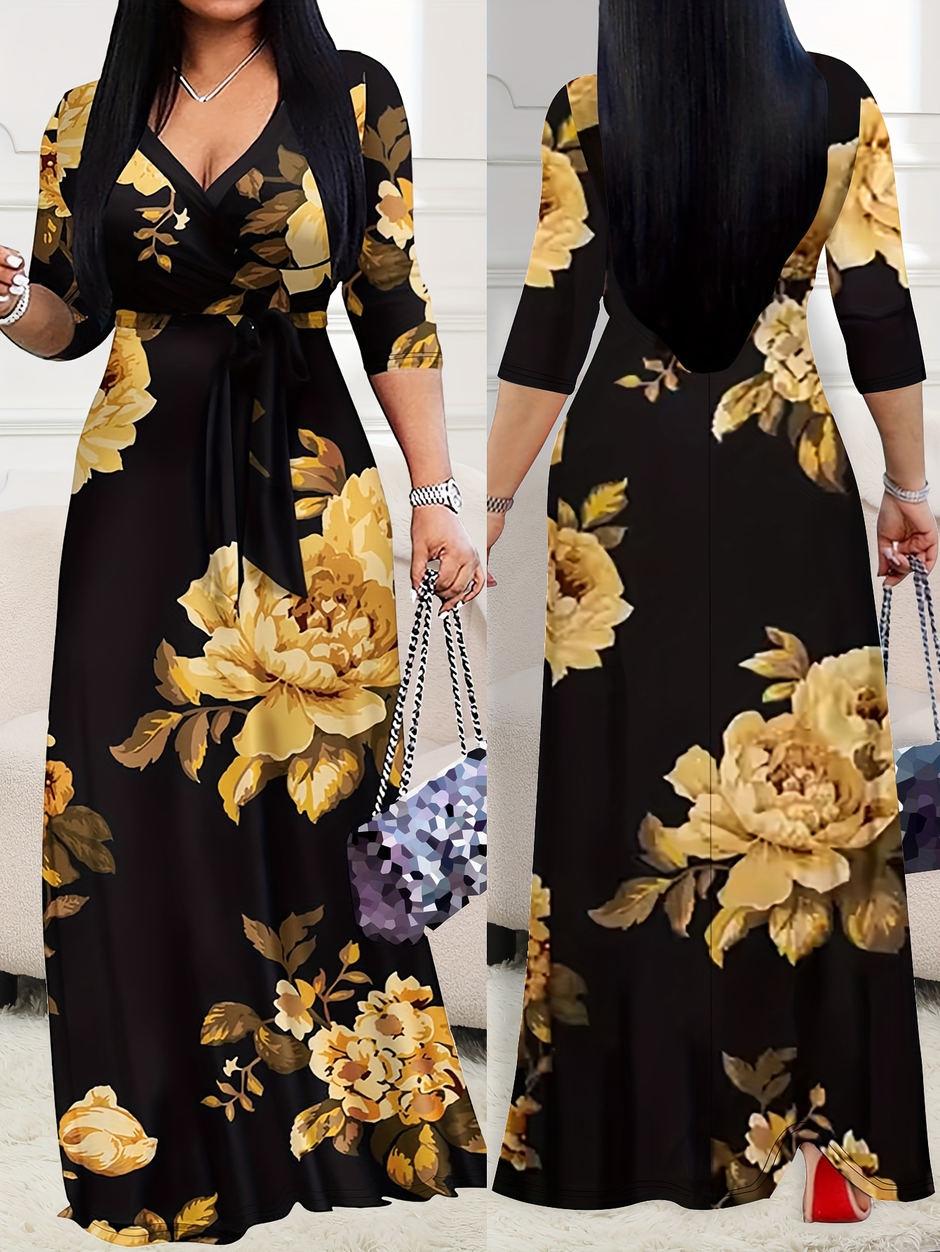 women's elegant floral print maxi dress v neck long sleeves Temu - Main Image