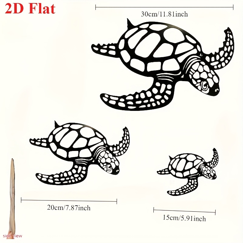 E-shop 3-teiliges 2D Flachmetall-Schildkröten-Wanddekor-Set – Ozean-Themen-Aquariumkunst für Außenwände, für Terrasse-Garten, Hof, Wohnzimmer &